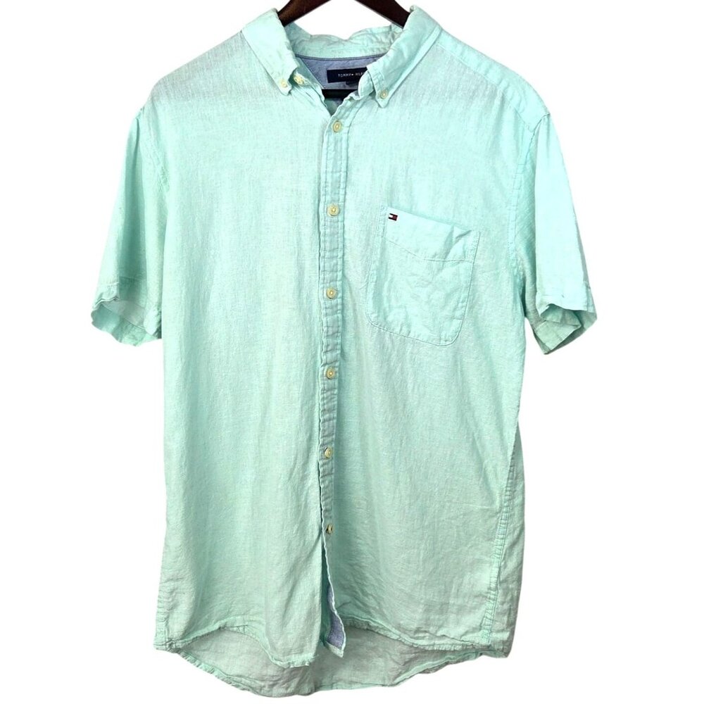 Tommy Hilfiger Custom Fit Light Blue Short Sleeve Linen Button Down Shirt Size L